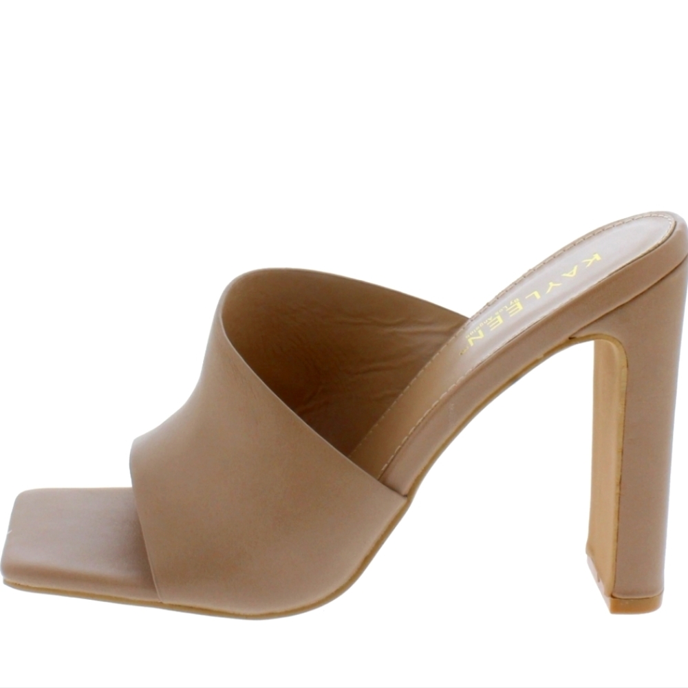 Nude Open Square Toe Angled Slide Block Heel